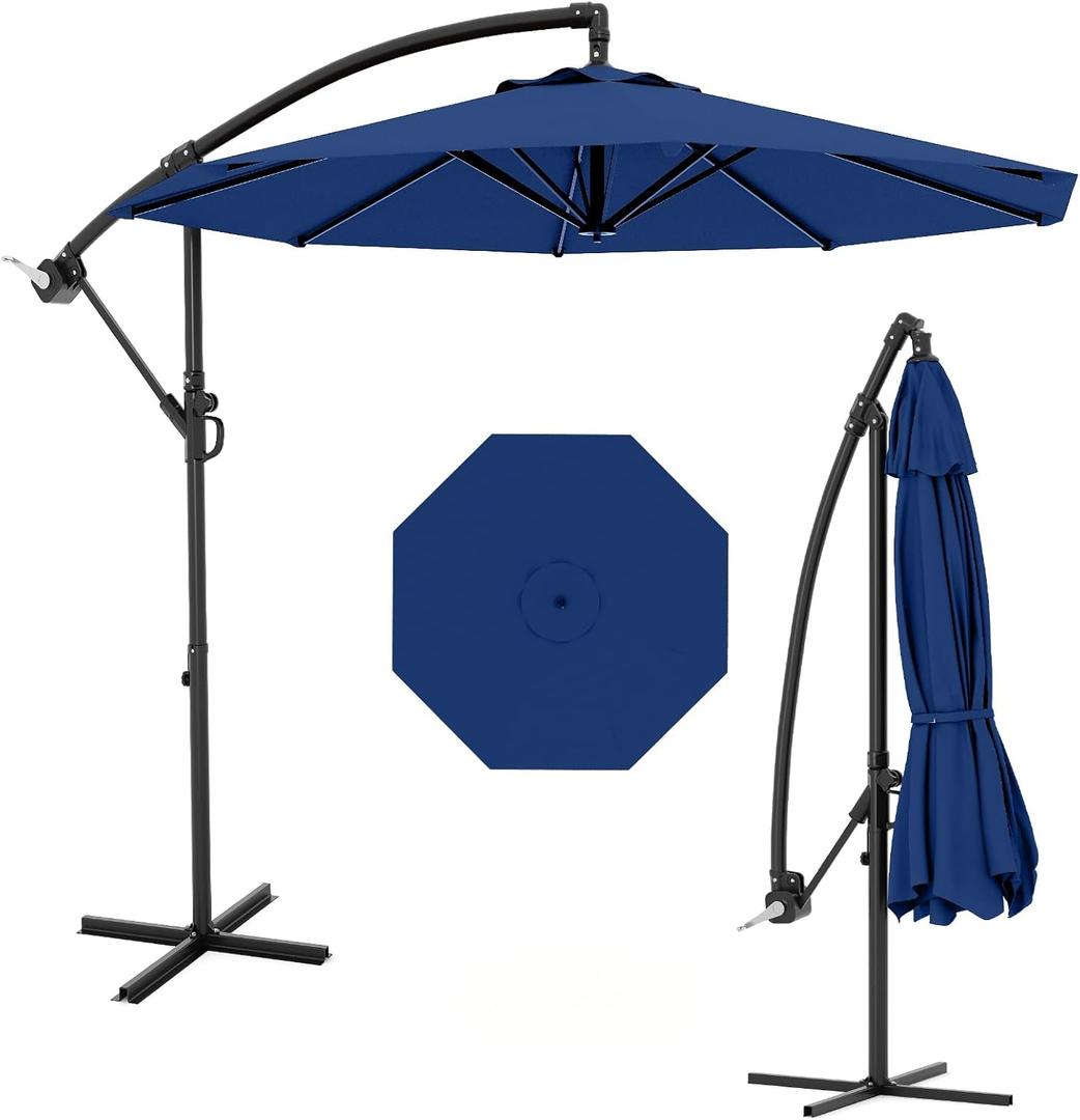 10FT Cantilever Patio Umbrella with Cross Base, Outdoor Offset Market Umbrella with Infinite Tilt and Crank Lift, Outside Umbrellas for Backyard Lawn Garden and Pool (Navy Blue)
