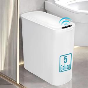 TIPGO 5 Gallon Motion Senor Bathroom Trash Can with Lid, Automatic Garbage Can Touchless, Smart Plastic Waste Basket for Narrow Spaces, Bathroom, Office, Bedroom, Living Room (White)