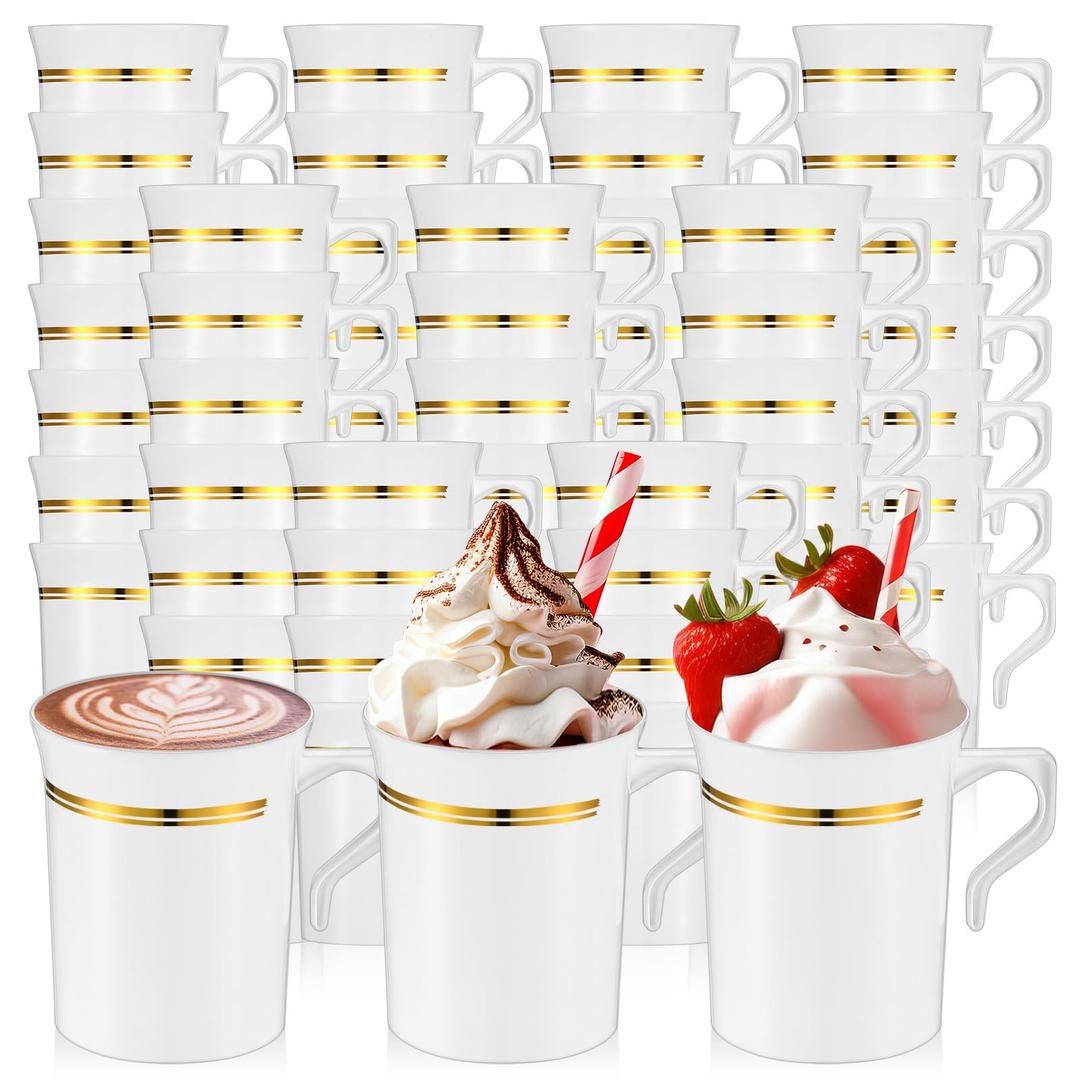60 Pcs Plastic Coffee Cups with Rim 8 oz Disposable Coffee Mugs with Handle Disposable Tea Cups Espresso Beverage Plastic Mugs for Wedding (White, Gold)