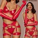 Girece Women's Leather Lingerie Sets Corset Exotic Lingerie Strappy Latex Outfits Underwire Push Up Garter Lingerie (Red, L)