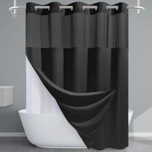 EUTXL Long No Hook Shower Curtain with Snap in Liner,230GSM Waffle Weave Shower Curtains for Bathroom,71W x 80H(78"),Black