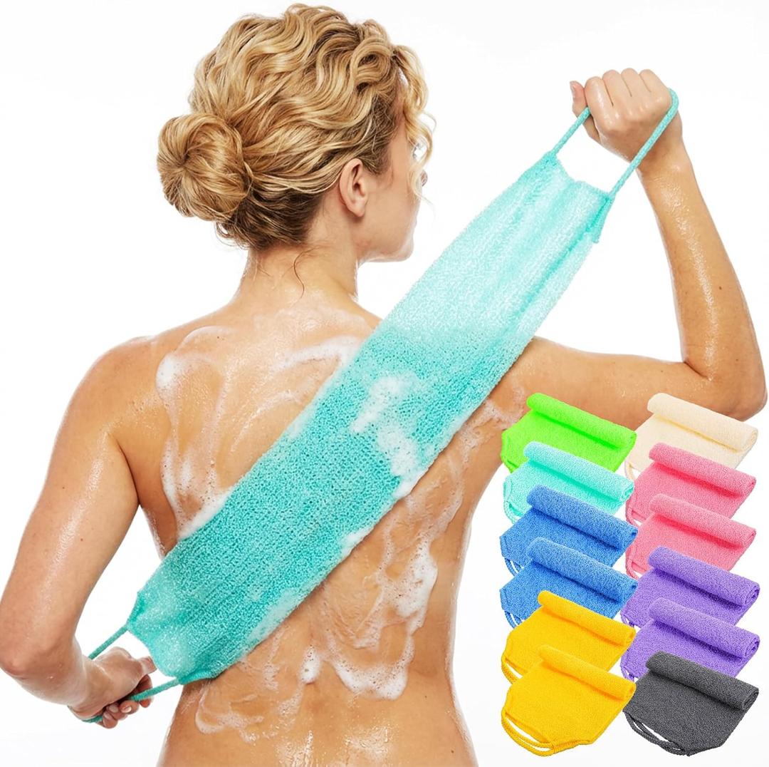 12Pcs Exfoliating Back Scrubber with Handles, Nylon Back Exfoliator Washers Scrubbers Stretchable Pull Strap Exfoliating Washcloth Body Scrubber Cloth Towel for Shower Skin Massages