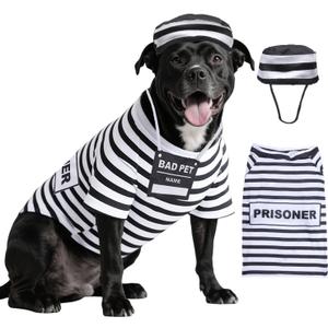 3pcs Dog Prisoner Clothes for Large Dogs Halloween Costumes Pet Puppy Prison Shirt with Dog Hat and Name Card for Party Birthday Cosplay AN004L