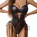 Avidlove Sexy Lingerie for Women Leather Teddy Lingerie Mesh Bodysuit Garter Belt, XL