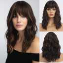 simkaylee Dark Brown Wigs with Highlights for Women Synthetic 16 inch Medium Length Wigs with Bangs Natural Long Wavy Fringe wig Heat Resistant Hair for Daily Party Use (16 inch)