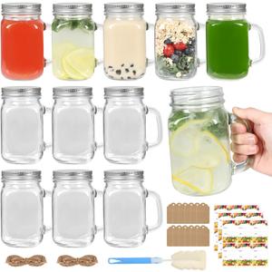 EkkoVla 16 oz Mason Jar with Handle, 12 Pack Mason Jars Cups with Lids, Reusable Glass Drinking Mugs for Smoothies, Kombucha, Cocktails, Party Favors