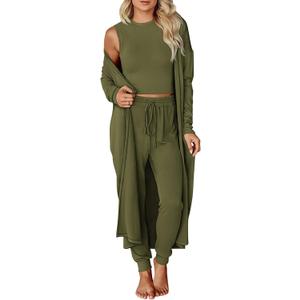 KIRUNDO 3 Piece Lounge Sets for Women Airport Travel Vacation Outfits Spring Cardigan Matching Sleeveless Top Jogger Pants (Large, Army Green)
