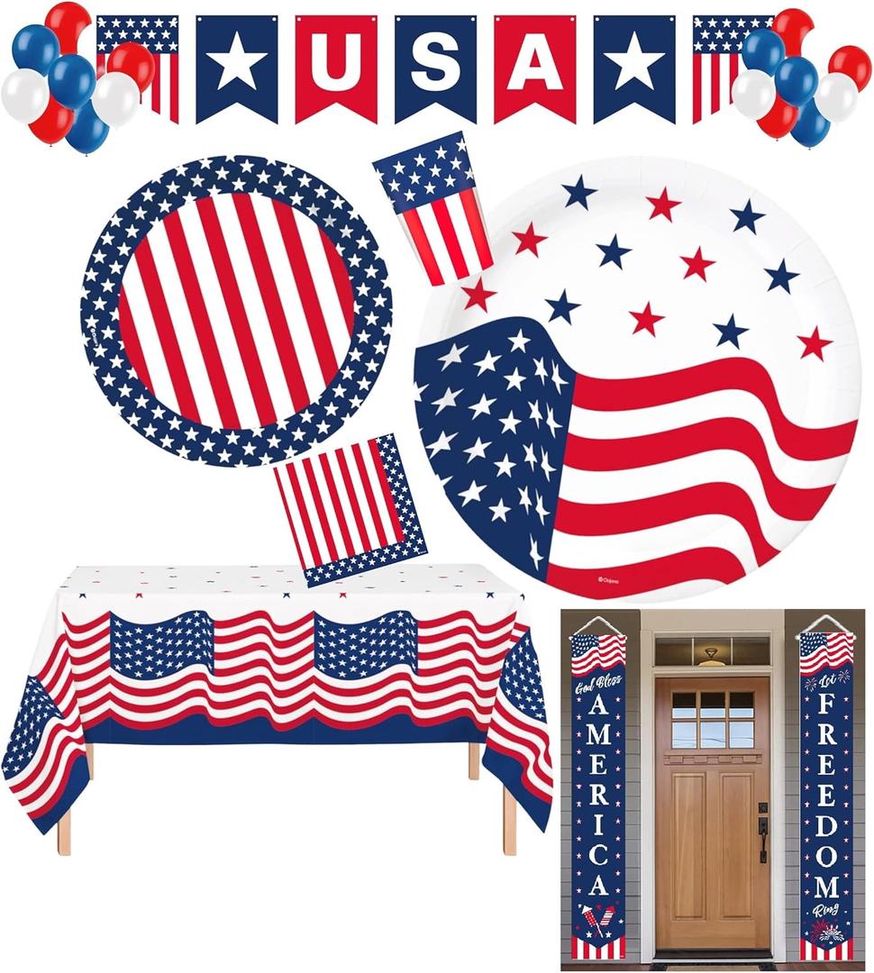 Oojami 4th of July Patriotic Party Supplies for 18 Guests  Includes Plates, Cups, Napkins, Table Cover, USA Banner, Balloons & Porch Banner  Red, White & Blue Decorations