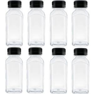 8 Pcs 8 Ounce Plastic Juice Bottles, Reusable Bulk Beverage Containers for Juice, Milk and Other Beverages, Black lid