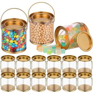 12 Pack Paint Cans Clear Plastic Paint Cans 3 x 3 Inches Mini Empty Bucket with Lids Small Transparent Paint Containers for Art Crafts Candy DIY Projects Christmas Party Favor Decor (Gold)