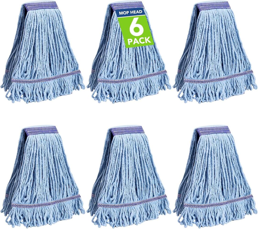 6 Pack Commercial Mop Head Replacement Heavy Duty Mop Head for General and Floor Cleaning | Industrial Wet Mops | Washable Refill, Reusable, Looped End Mopheads | Hardwood, Concrete
