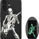 Skull Phone Case for iPhone 16, Skeleton Playing Guitar, Cool Goth Edgy Gothic Emo Luminous Design, Rock n Roll Style, Light Up Glow in The Dark, Leather Finish (iPh 16-Skeleton Playing Guitar)