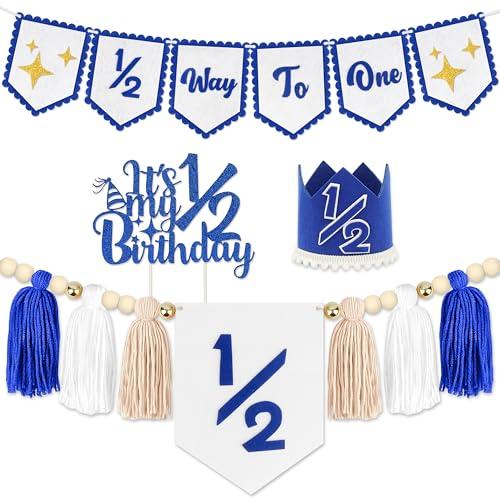 1/2 Birthday Blue Half Birthday Decorations - Blue Star It's My 1/2 Birth Banner, Glitter Cake Topper Tassel Wood Bead High Chair Banner & Crown, Hat Halfway to One Boy Girl Party Supplies
