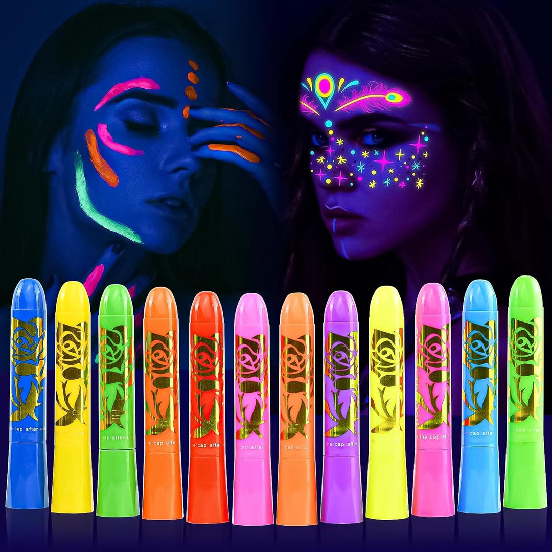 Glow in the UV Light Paint, Non-Toxic Neon Face Paint, Washable & Compact Glow Face Paint for Halloween, Cosplay, Party 12 PCS