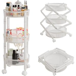 No Assemble 3 Tier Rolling Storage cart, Folding Utility cart with 2 Lockable Wheels, Multifunction Storage Organizer, Perfect for Bathroom, Kitchen, Snack, Craft (White)