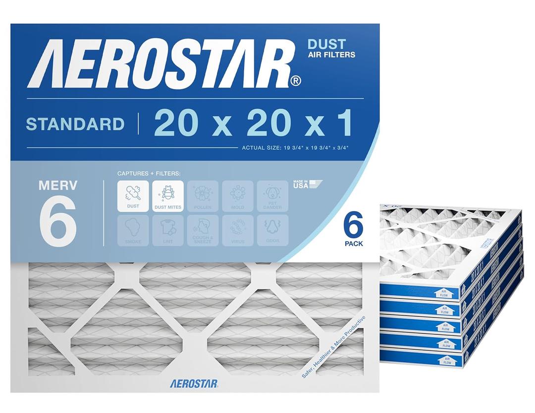 Aerostar 20x20x1 MERV 6 Air Filter, 6 Count, Actual Size (19.75 x 19.75 x 0.75), HVAC, Air Conditioning & Furnace Filter for Dust, Lint & Pollen Control (MPR 300 / FPR 3), Made in USA