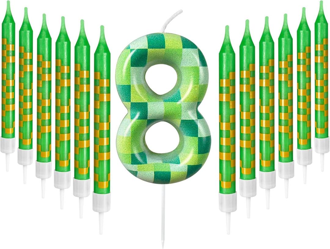 Zlongron 13 Pieces Birthday Cake Candles, Green Pixel Theme Birthday Candles, Suitable for Boys and Girls Birthdays, Gatherings, Parties, Celebrations Good Decoration Supplies (Number 8)