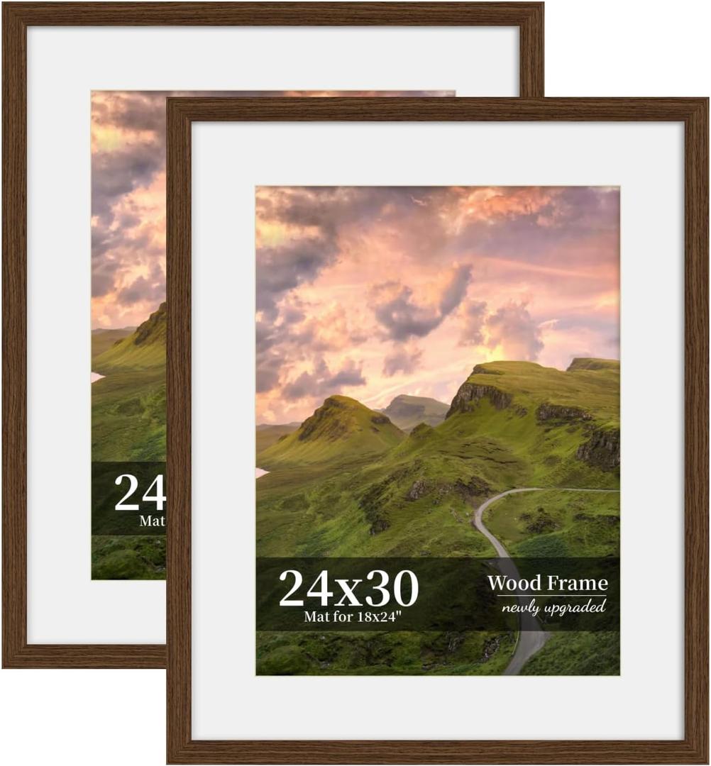 24x30 Picture Frame Set of 2, Wood Frame with Real Glass, Wide Border, 24X30 in