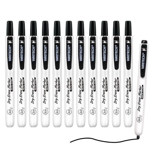 WRITECH Retractable Dry Erase Markers: Fine Point Clickable Black Colored Ink Marker Low Odor Erasable Thin Tip Refillable Whiteboard Marker Pen Set 12ct No Bleed Smear