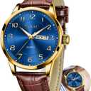 Taxau Men's Watch Big Face Easy Read Arabic Numeral Dress Watches for Men Classic Black Brown Leather Band Analog Mens Wrist Watch with Day and Date Fashion Business Waterproof Luminous Quartz Watch