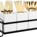 NelyBet Utensil Holder Silverware Caddy for Party Countertop, 3pcs Bins Set Silverware Caddy Organizer Holders for Spoon and Fork, White and Black