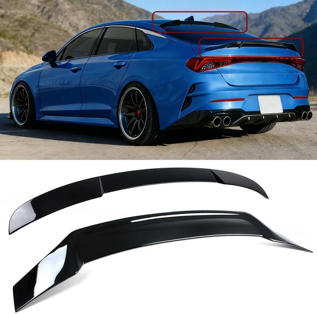 Roof & Rear Spoiler Compatible with Kia K5 2021-2024, Gloss Black R Style Duckbill High Kick Trunk Wing Lip & Roof Wing Fit for 4 Door Sedan 2021 2022 2023 2024
