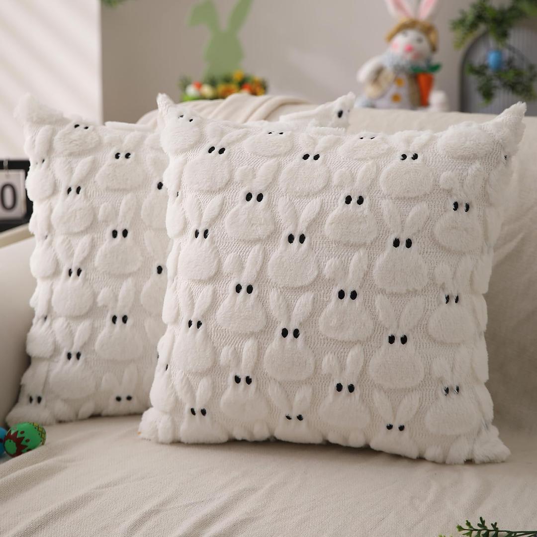 DFXSZ Easter Pillow Covers 16x16 inch Set of 2 Easter Decoration Cream White Rabbit Soft Plush Faux Fur Jacquard Throw Pillows for Bedroom Sofa Holiday Festivals Home Decor FHJ-06C16