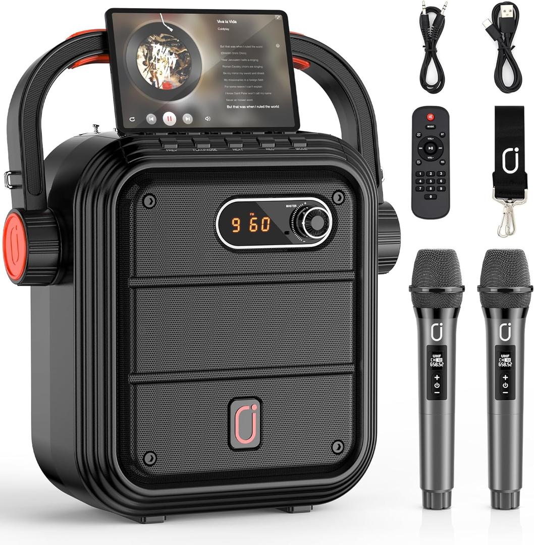 JYX Karaoke Machine with 2 Wireless Microphones, Portable Bluetooth Speaker PA System with Shoulder Strap, Subwoofer Support TWS, USB, Radio, AUX, REC, Bass&Treble for Home Party/Meeting/Adults/Kids