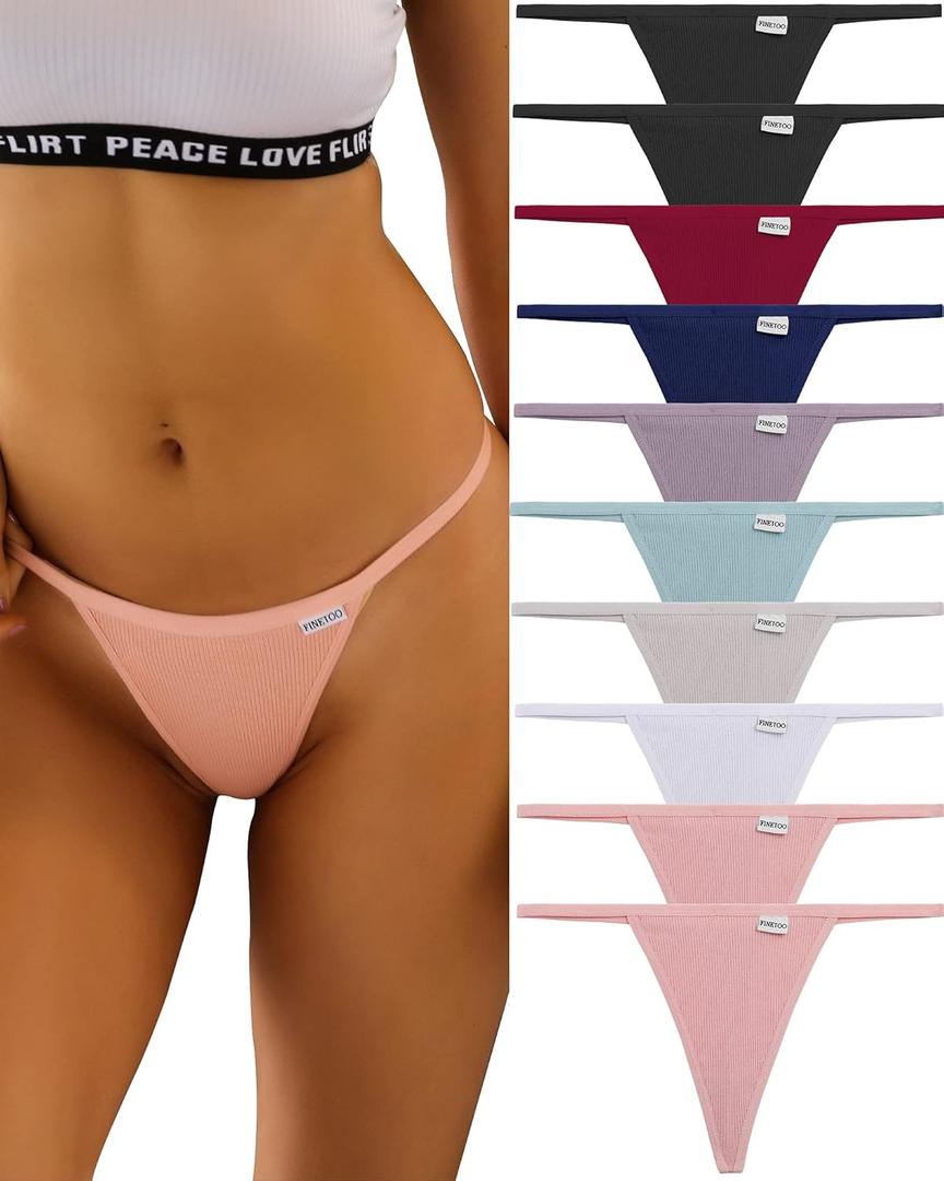 FINETOO 10 Pack G-String Thongs for Women Cotton Panties Stretch T-back Tangas Low Rise Hipster Underwear Sexy, L