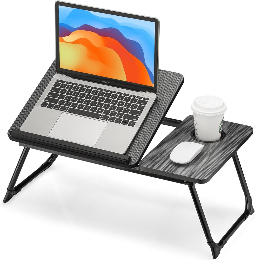 FISYOD Foldable Laptop Desk for Bed Couch, Adjustable Split Lap Desk with Cup Holder, Portable Lightweight Bed Table Tray, Heavy-Duty Laptop Stand for Working, Writing, Reading and Eating - Black