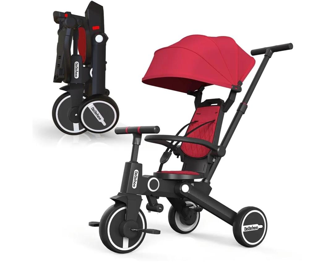 Tricycle Stroller for Toddler, Foldable Baby Tricycle, Kids Balance Bike with Push Handle, Toddlers Stroller Bike with 1 to 5 Years, 7-in-1 Push Tricycle Bike for Kids (Red)