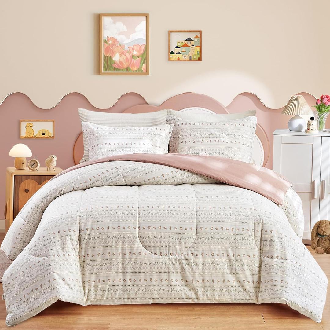 Joyreap 3pcs Floral Cotton Comforter Set for Girls, Pink Flower Stripes Boho Design, Twin Size Soft n Cozy Bedding Comforter Set for All Season- 68x88 inches