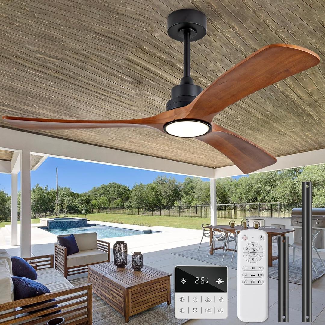 52 inch Ceiling Fans with Lights and Remote Control,Wall Switch,Solid Wood Blades,Dimmable,Reversible Noiseless,Power Off Memory Modern Black Ceiling Fan for Bedroom Patio Indoor/Outdoor Use