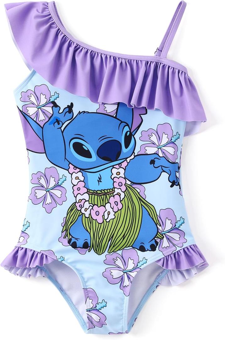 Disney Stitch Frozen Marvel Minnie Mouse Girls Swimsuits Ruffle One Piece Bathing Suits UPF 50 Swimwear Quick Dry, Size 6-7Y