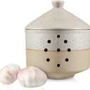 Honeydak 1 Pcs Large Ceramic Garlic Keeper with Lid & Holes, 4" x 4.5" Decorative Countertop Storage Container for Farmhouse Kitchen, Keeps Garlic Cloves Fresh, White