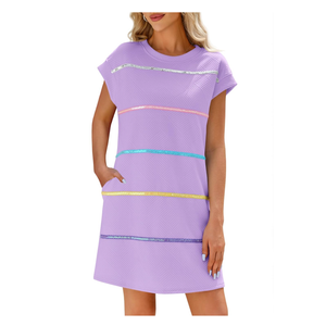 Wenrine Womens Textured T Shirt Dress Short Sleeve Summer Casual Sequin Stripe Mini Dresses , Size M