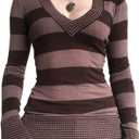 Women Y2k Striped Long Sleeve Slim Tops Color Block Round Neck Harajuku Tees Vintage 90s Shirts Streetwear Aesthetic Clothes (Pink)