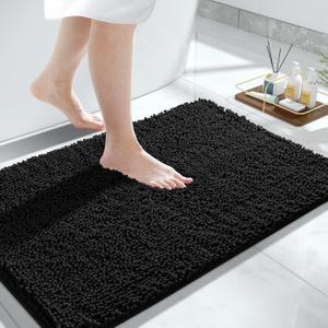 Yimobra Bathroom Rug Mat, 32'' x 20'', Luxury Chenille Shaggy Bath Rugs, Extra Soft & Thick, Absorbent Water, Non-Slip, Machine Washable, Bath Mats for Bath Floor,Tub and Shower, Black