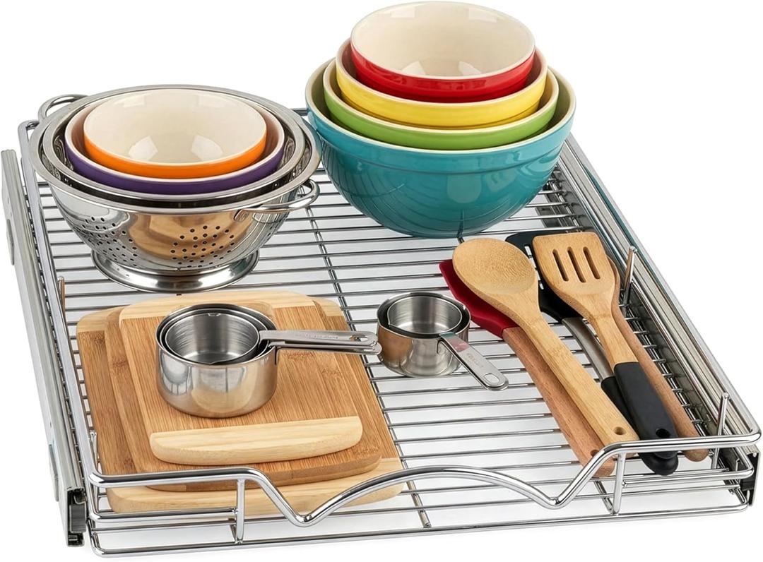 HOLDN STORAGE Pull Out Cabinet Organizer - Heavy Duty Steel with Smooth Slide-Out Drawers, Chrome Finish - 17" W x 17" D Basket, Fits 18.25" Cabinet Opening