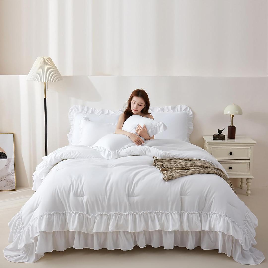 Ruffle Queen Comforter Set, 3 Pieces White Lightweight Fluffy Bedding, All Season Soft Microfiber Shabby Chic Farmhouse Decor for Women Girls Teens