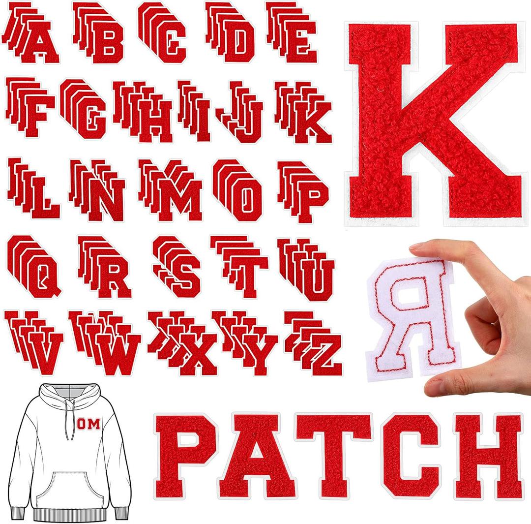 WILLBOND 104 Pieces Iron On Letters Chenille Letter Patches 3.1inches A-Z Alphabet Patches for Clothing Preppy Sew Embroidered Repair Fabric Jacket Jeans Bag(Red with White Edges)