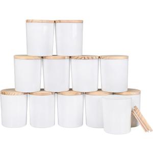 SHOWIN Thick Candle Jars for Making Candles 12 Pcs, 7 OZ Empty Jars with Wood Lids for Candle Making, Sample Container, Glossy White