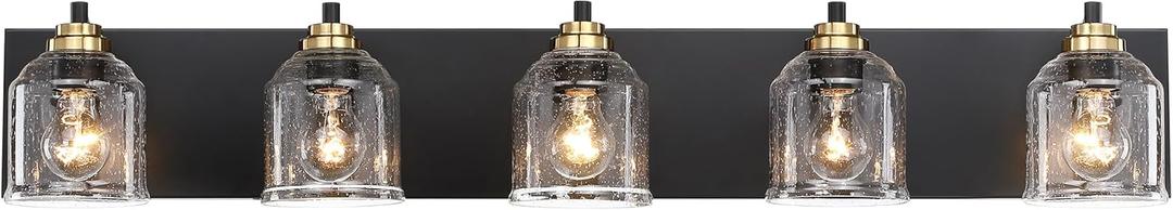 Vanity Lights for Bathroom Large 40", Farmhouse Rustic Vanity Light with Bubble Glass Shades, Black and Gold 5 Light Bathroom Lighting Fixtures Over Mirror, Bath Wall Sconce Home Decor