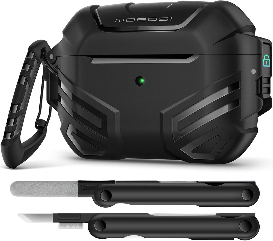 MOBOSI for AirPods Pro 2 Case with Lock, Compatible with AirPod 2nd Gen Cover [Fit for MagSafe], Military Grade Hard Shell for iPods Pro2 with Cleaner Kit & Keychain for Men(2023), Black