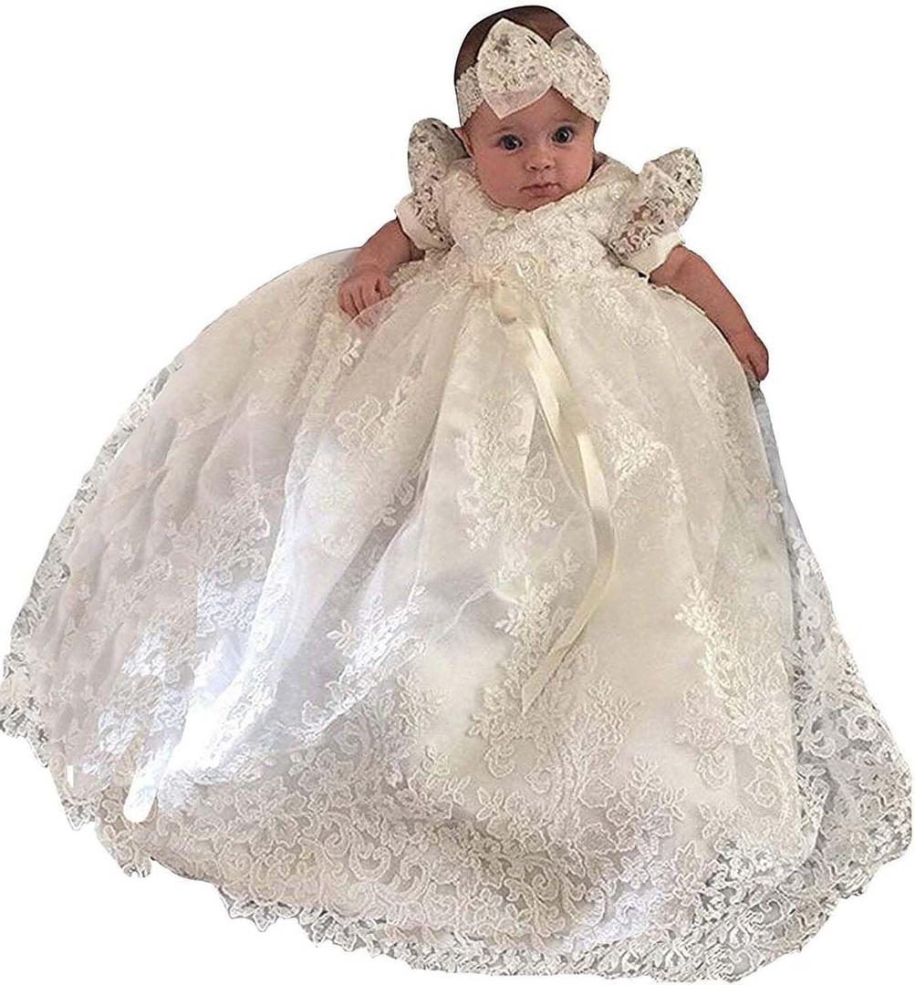 Pretty headband lace long Christening Baptism Dress for baby girl (6M, White)