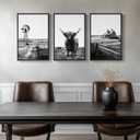 Framed Highland Cow Wall Art for Living Room, 3 Piece Black and White Farmhouse Canvas Artwork for Walls, Vintage Rustic Barn Western Farm Picture Prints for Bedroom Dining HallWay Wall Decor 16x24 In, 16" W x 24" H x 3Pcs