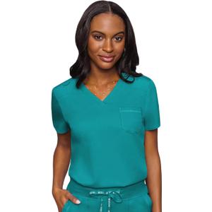 Med Couture Women's V-Neck Scrub Top, Modern Fit Tuck-in Top with Stretchy Rib-Knit Shoulders and Chest Pocket - MC7448 (Teal, M)