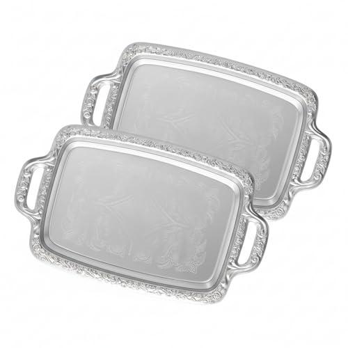 Tiangrid 2 Pcs Silver Serving Tray Elegant Floral Metal Plate Silver Platter for Buffet Wedding Party Jewelry Decorative (Oblong with Handle)