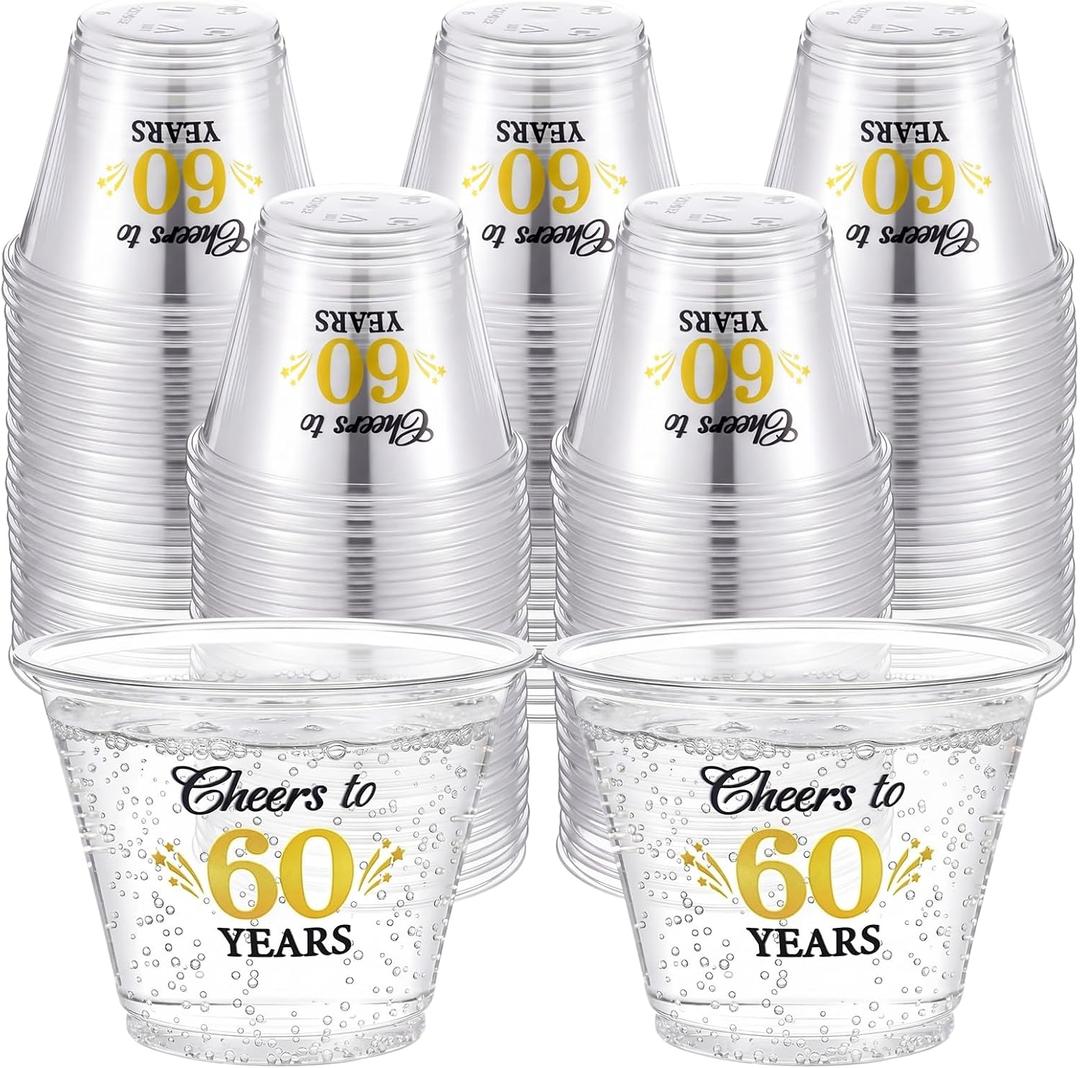 LemonRoad 100 Pack 60th Birthday Cup 9 oz Cheers to 50 Years Birthday Disposable Clear Plastic Cocktail Cups Hot Cold Beverage Drinks for Men Women Wedding Anniversary Decorations Party Favors (EXP 12/31/56)