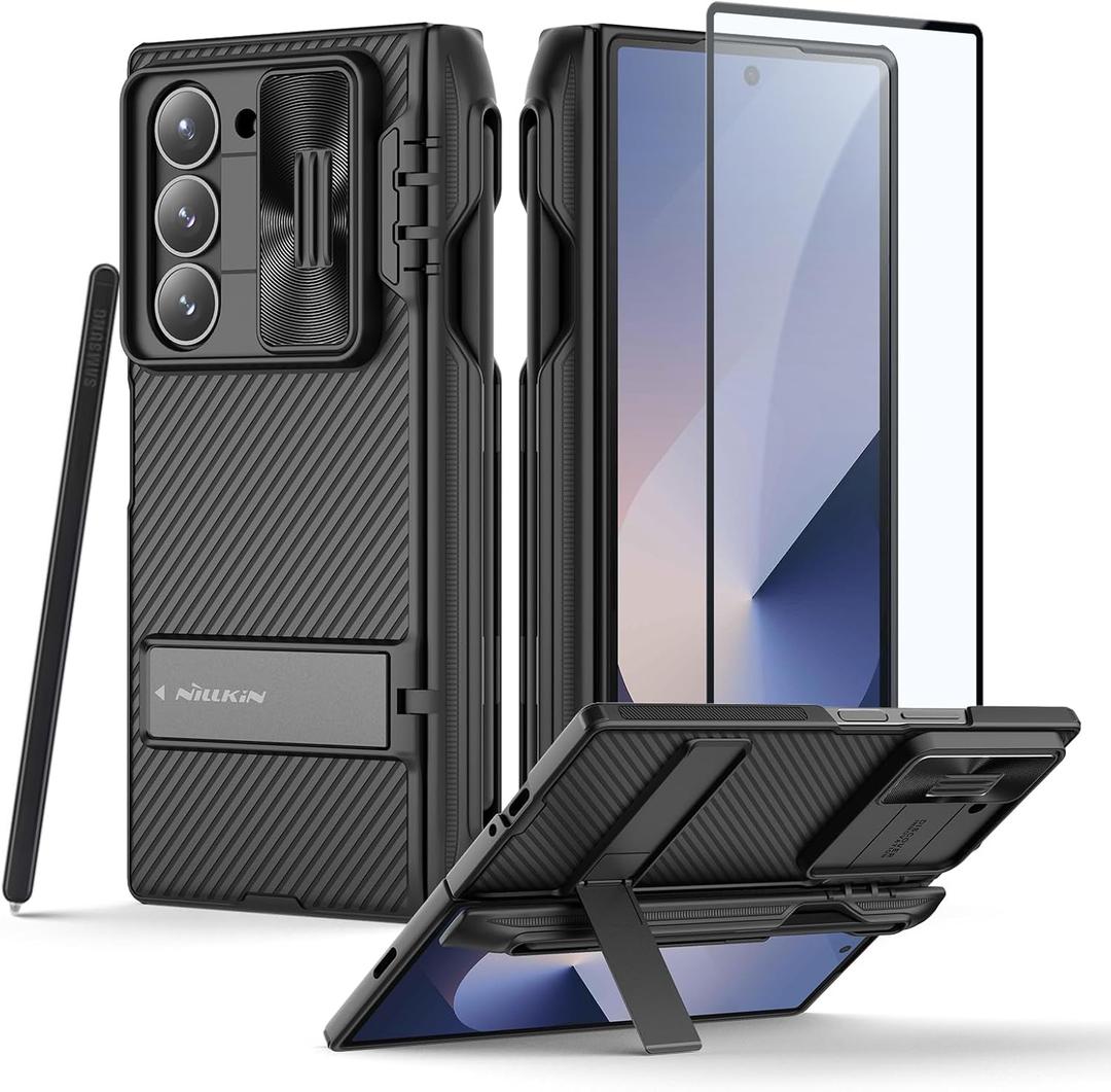 Nillkin Samsung Galaxy Z Fold 6 Case with S Pen Holder & Hinge Protection [Hidden Kickstand] [Slide Camera Cover] CamShield Pro Slim Protective Case for Galaxy Z Fold 6 5G (Black)